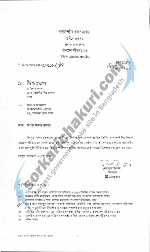 Ministry of Commerce Jobs Circular 2019