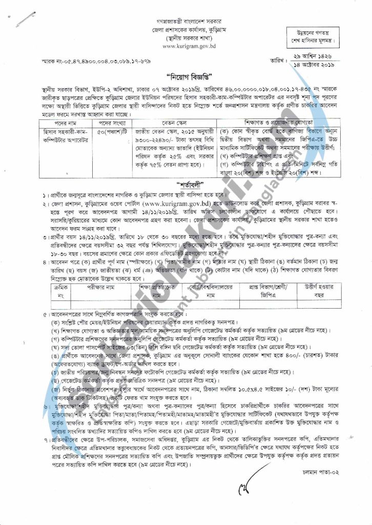 Kurigram District Jobs Circular 2019