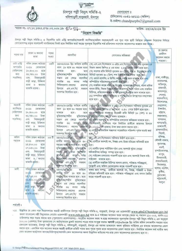 Chandpur Rural Electricity Association Jobs Circular 2019