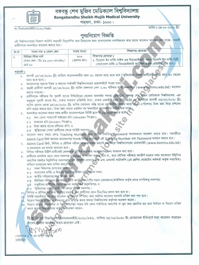 Bangabandhu Sheikh Mujib Medical University Job Circular 2020